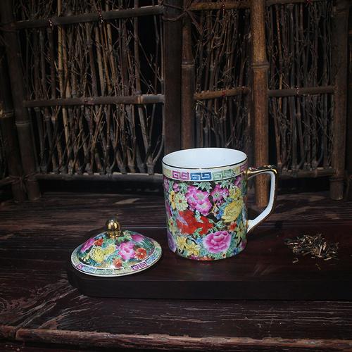 万寿无疆茶杯景德镇厂货陶瓷器粉彩手绘绿万寿无疆直筒茶盖杯老板杯