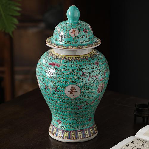仿古景德镇老旧厂货陶瓷器手绘粉彩红色将军储存罐大茶叶罐摆件