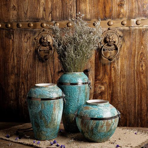 3三件套装花瓶 配铜环铜盖子 仿古欧式陶瓷器家居装饰品花卉摆件